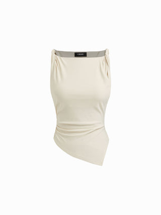 Jersey Boat Neck Asymmetrical Hem Ruched Tank Top For Daily Casual Work