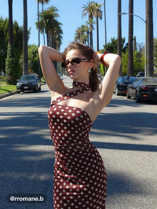 Mesh Halter Neckline Polka Dot Ruched Midi Dress