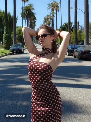 Mesh Halter Neckline Polka Dot Ruched Midi Dress