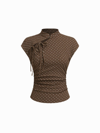 Polka Dot Mandarin Collar Short Sleeve Knotted Ruched Top