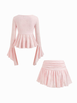 Lace V-neck Pointelle Bell Sleeve Crop Top With Ruched Mini Skirt Set