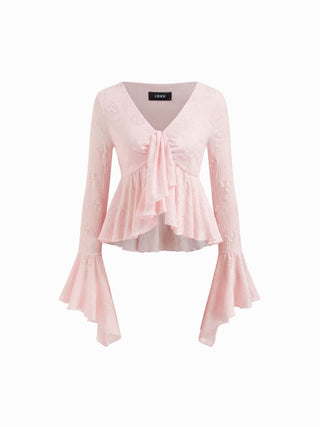 Lace V-neck Pointelle Bell Sleeve Crop Top With Ruched Mini Skirt Set