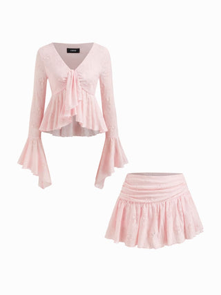 Lace V-neck Pointelle Bell Sleeve Crop Top With Ruched Mini Skirt Set