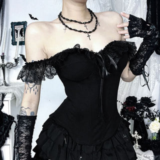 Lace hem off shoulder ribbon zip-up tube top