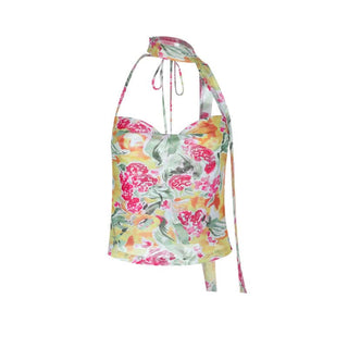 Halter self tie cowl neck mesh print top