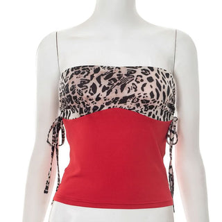 Drawstring ruched leopard print tube top