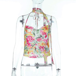 Halter self tie cowl neck mesh print top