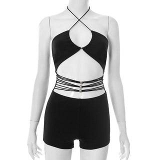 Hollow out halter self tie mesh romper