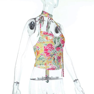 Halter self tie cowl neck mesh print top