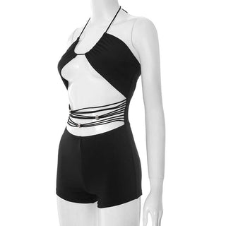 Hollow out halter self tie mesh romper
