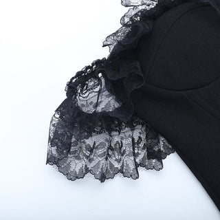 Lace hem off shoulder ribbon zip-up tube top