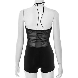 Hollow out halter self tie mesh romper
