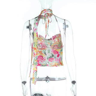 Halter self tie cowl neck mesh print top