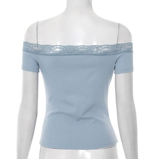 Off shoulder lace hem ruched ribbed top