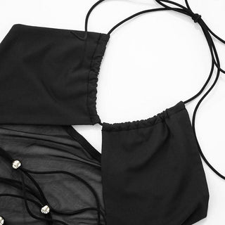 Hollow out halter self tie mesh romper
