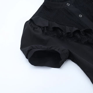 Short sleeve ruffle high neck self tie top