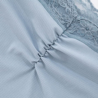 Off shoulder lace hem ruched ribbed top