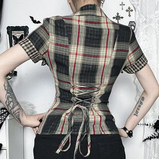 Plaid ruffle zip-up turnover collar short sleeve top