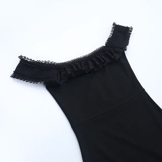 Off shoulder slit ruffle lace hem maxi dress