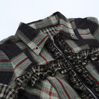 Plaid ruffle zip-up turnover collar short sleeve top