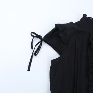 Short sleeve ruffle high neck self tie top