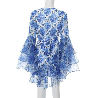 Long flared sleeve ruffle v neck print mini dress