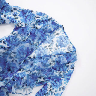 Long flared sleeve ruffle v neck print mini dress