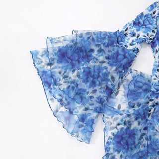 Long flared sleeve ruffle v neck print mini dress