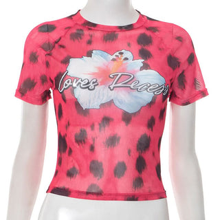 Crewneck short sleeve leopard print top