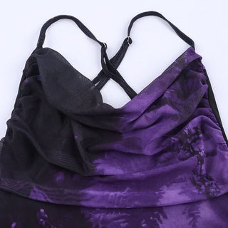 Cross back print ruched cowl neck cami maxi dress