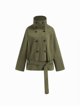 Multi-way Cotton Funnel Neck Double Breasted Oversized Windbreaker With Belt