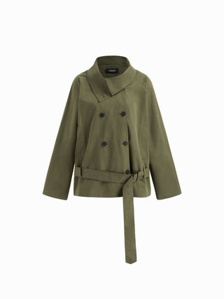Multi-way Cotton Funnel Neck Double Breasted Oversized Windbreaker With Belt