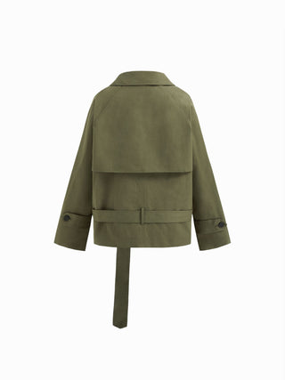Multi-way Cotton Funnel Neck Double Breasted Oversized Windbreaker With Belt