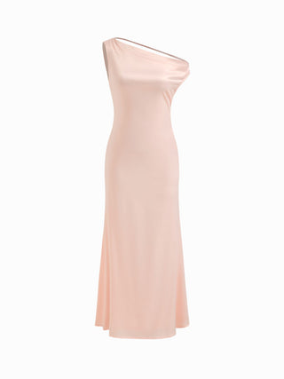 Satin Asymmetrical Neck Backless Maxi Dress