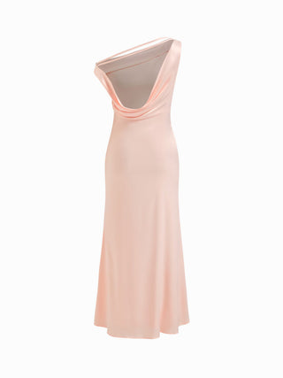 Satin Asymmetrical Neck Backless Maxi Dress