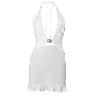 Ruffle halter self tie deep v neck mini dress