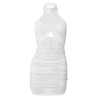 Hollow out ruched halter white cut out mini dress