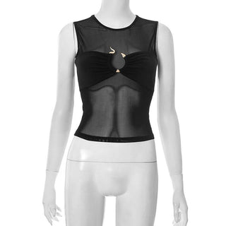 Crewneck mesh ruched black crop top