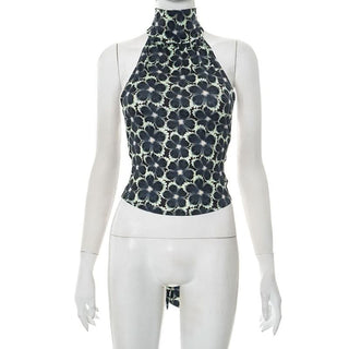 Halter self tie flower print backless top