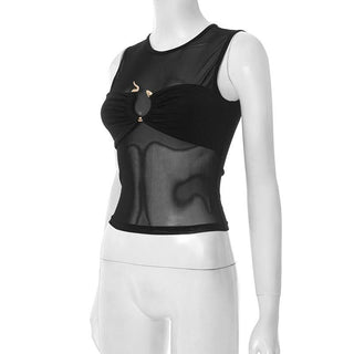 Crewneck mesh ruched black crop top