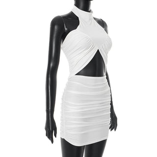 Hollow out ruched halter white cut out mini dress
