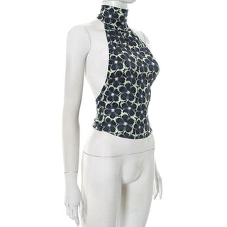 Halter self tie flower print backless top