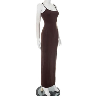 Beaded u neck slit backless cami maxi dress
