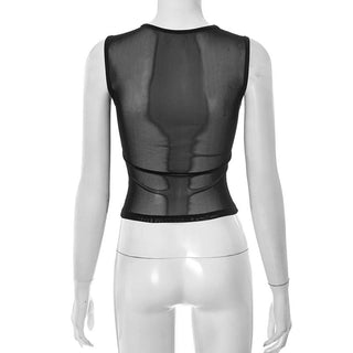 Crewneck mesh ruched black crop top