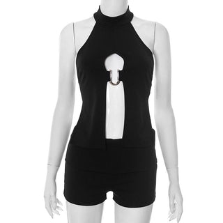 Halter hollow out button solid crop pant set