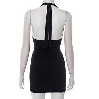 V neck self tie halter ruched mini dress