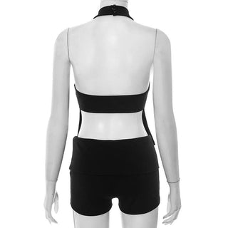 Halter hollow out button solid crop pant set