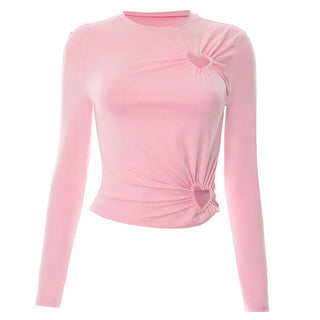 Long sleeve hollow out crewneck ruched cut out top