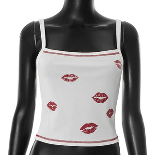 Ribbed lips print square neck stitch cami top