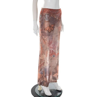 Butterfly print slit contrast mesh maxi skirt